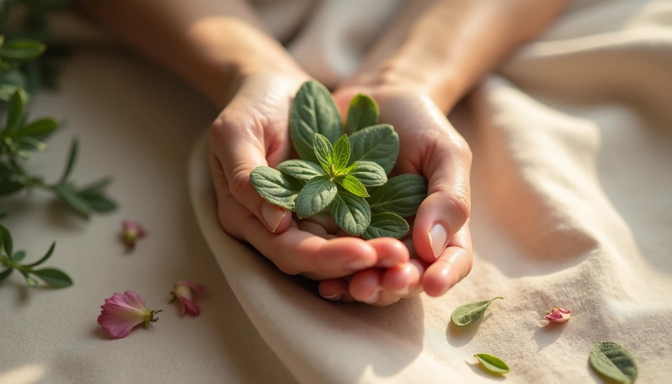 Des feuilles aromatiques délicatement recueillies dans les mains